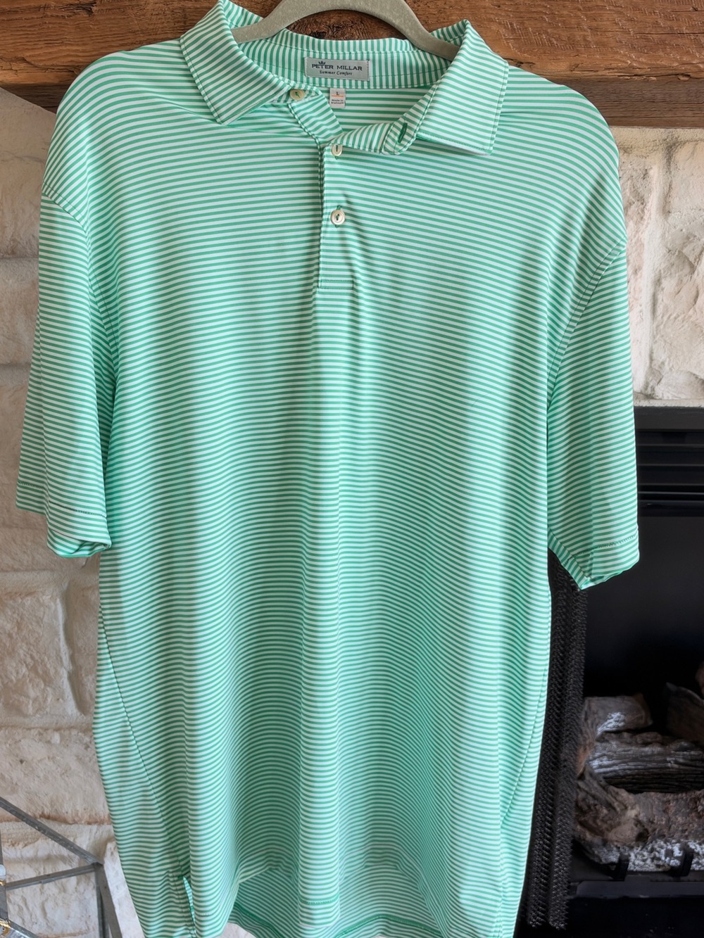 Peter Millar Men's Green and White Striped Polo